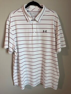 Under Armour Men’s White Polo with Maroon Thin Stripes